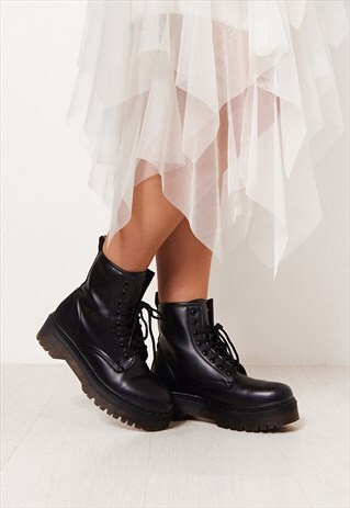 EVIE BLACK CHUNKY LACE UP ANKLE BOOTS