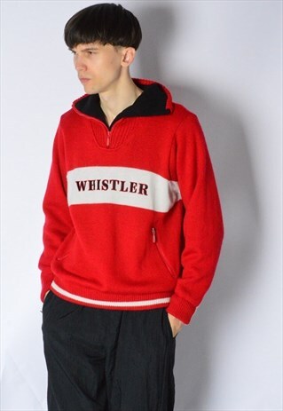VINTAGE 90S RED WOOL KNIT SKI USA WHISTLER ZIPPER JUMPER