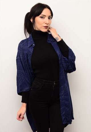 VINTAGE 90'S NAVY SCRIBBLE PATTERNED OVERSIZED SHIRT