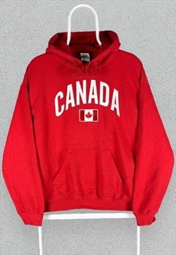 Vintage Canada Red Hoodie Embroidered Spell Out Mens Medium