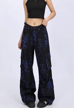 Blue leopard jeans combat trousers animal print denim pants