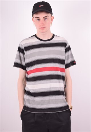 VANS MENS VINTAGE T-SHIRT TOP MEDIUM GREY STRIPES 90'S