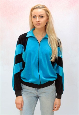 1980S VINTAGE BLUE AND BLACK VELVETEEN TRACK ZIP JACKET