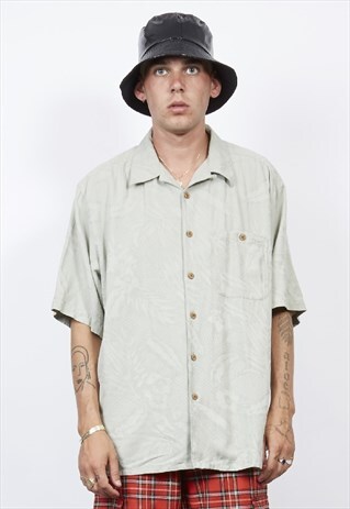 VINTAGE 80'S SAGE EMBOSSED LEAF PRINT SILK HAWAIIAN SHIRT