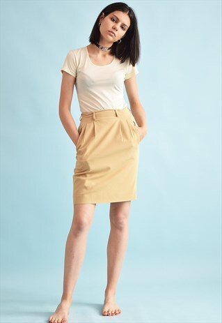 90'S RETRO RALPH LAUREN NEUTRAL LINEN-LIKE MINI PENCIL SKIRT