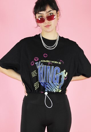 VINTAGE 90S REWORKED CROP TOP IN BLACK WITH KING PRINT