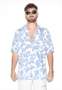 Vintage 90s tropic floral print summer shirt in blue