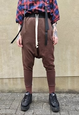 Drop crotch joggers long lace baggy harem pants in brown