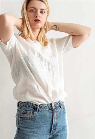 VINTAGE 70S BOHO LINEN EMBROIDERED SHIRT