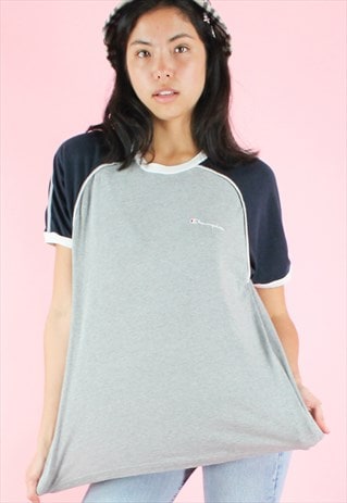 VINTAGE 90S CHAMPION T-SHIRT Y2K GREY LOGO EMBROIDERY