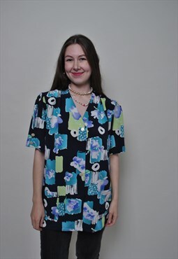 80s abstract print relaxed shirt, shoulder pads blue color