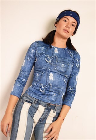 Y2K RETRO LYCRA TOP WITH JEANS DENIM PRINT