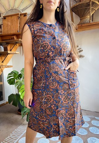 VINTAGE 70'S FLORAL PRINT SLEEVELESS MIDI DRESS - S/M