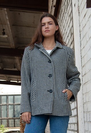 VINTAGE RETRO BLACK GREY CHECKED WOOL JACKET