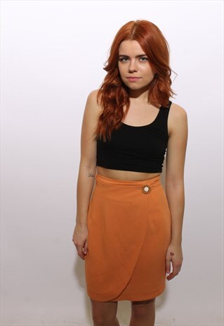 VINTAGE 1980'S 80'S PEACH ORANGE BROOCH MINI WRAP SKIRT XS-S