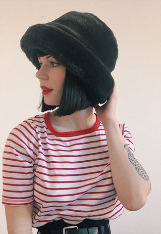 90S Y2K DARK BROWN FAUX FUR BUCKET HAT