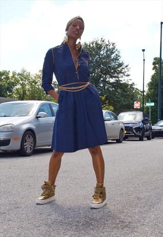 70S VINTAGE NAVY BLUE FIT FLARE SECRETARY DRESS BY SASSON S/