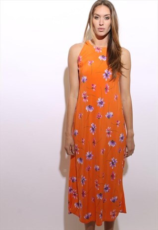 VINTAGE 1990'S 90'S BRIGHT ORANGE DAISY PRINT MAXI DRESS M-L