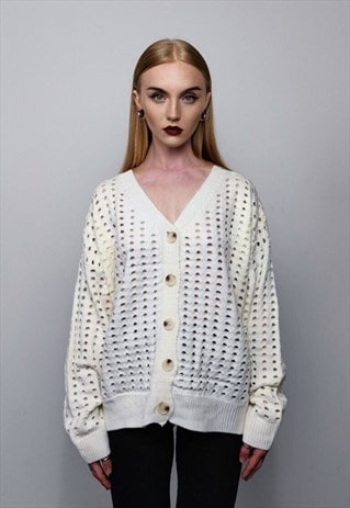 MESH CARDIGAN TRANSPARENT SWEATER DISTRESSED KNITTED JUMPER