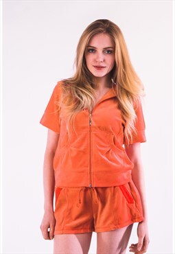 Velour Tracksuit Set in orange Top and Shorts