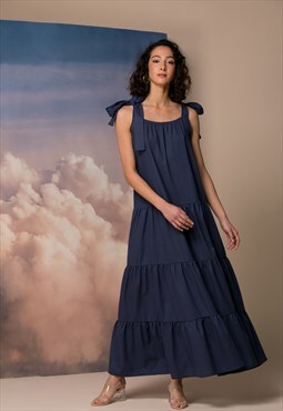 Navy Blue Linen Maxi Dress, Boho Maxi Dress