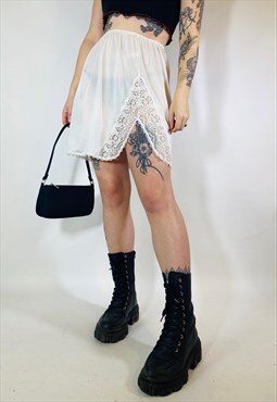 Vintage 90s 00s Y2K Satin Lace Sheer Mini Slip Skirt