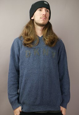 Vintage DKNY Knitted Hoodie in Blue with Logo