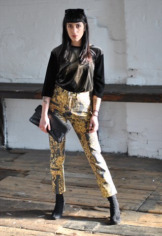 VINTAGE 90S GOLD CHAIN PRINT STRETCH JEANS MADE IN ITALY