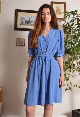 VINTAGE 80S POLKA DOT MIDI DRESS IN BLUE WITH WASIT BELT