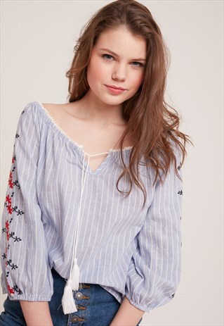 STRIPED EMBROIDERED BLOUSE