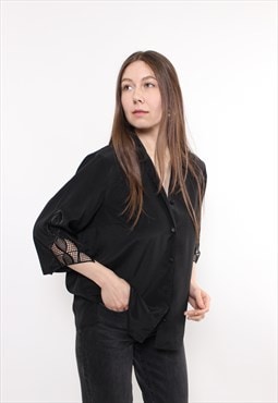 90s black lace blouse, vintage minimalist formal button up 