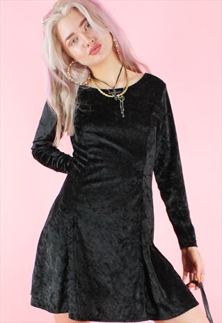 VINTAGE 90S VELVET DRESS MINI Y2K BLACK LONG SLEEVE