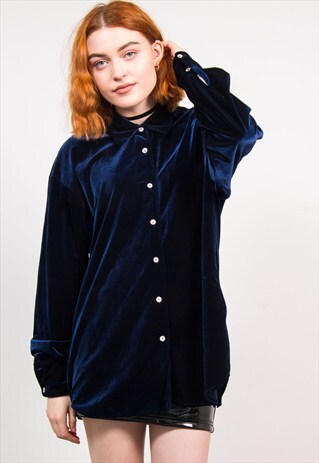VINTAGE 90'S NAVY BLUE VELVET OVERSIZE SHIRT