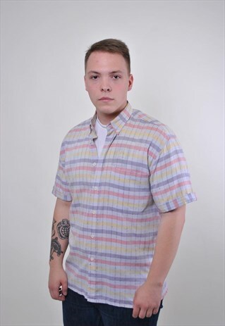 VINTAGE STRIPED SHIRT, PINK BLUE PATTERN HOLIDAY TOP, 90S