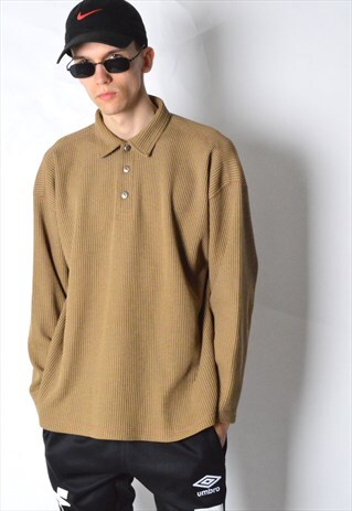 VINTAGE 90S CAMEL BROWN 1/4 BUTTON LONG SLEEVE POLO SHIRT
