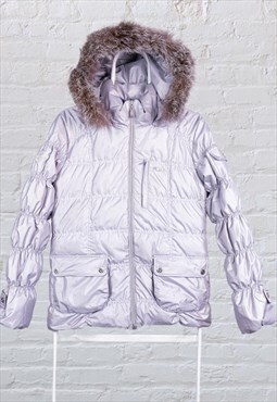 Vintage Fila Puffer Jacket Faux Fur Silver Small