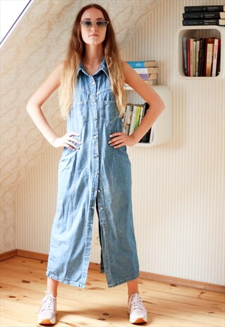 LIGHT BLUE DENIM MIDI SLEEVELESS DRESS