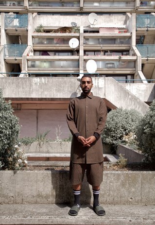 BROWN PATTERNED OVERSIZED EXTRA LENGTH COTTON SHIRT