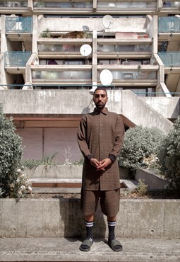 Brown Patterned Oversized Extra Length cotton Shirt 