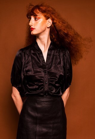 BLACK SATIN PUFFY SLEEVED BLOUSE