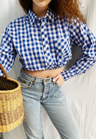 VINTAGE 70S GINGHAM CHECK REWORKED MILKMAID BLOUSE CROP TOP