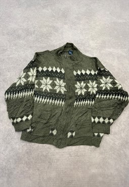 Vintage Knitted Cardigan Patterned Zip Up Grandad Sweater