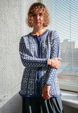 Vintage Blue/White Patterned Knitted Cotton Cardigan