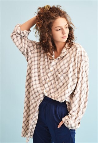 90'S RETRO PLAID OVERSIZED NEUTRAL DADS WORKWEAR SHIRT TOP