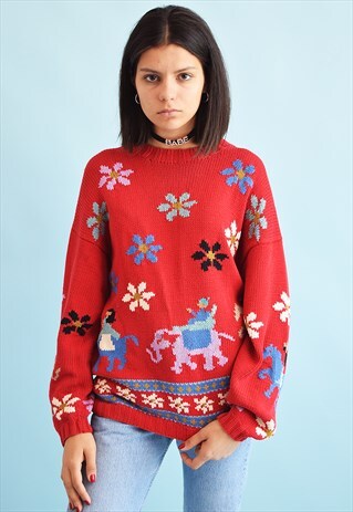 80'S RETRO OVERSIZED KNIT NOVELTY PATTERN JUMPER TOP