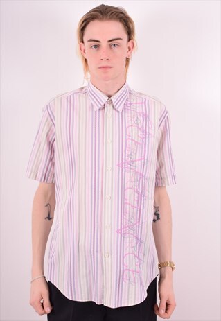 VERSACE MENS VINTAGE SHIRT XL PURPLE STRIPES 90S