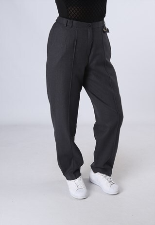 HIGH WAISTED TROUSERS PLAIN WIDE TAPERED LEG UK 12 (HK5E)