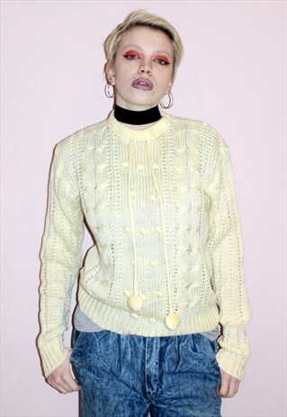 80'S VINTAGE YELLOW LEMON POM POM JUMPER KNITTED TOP