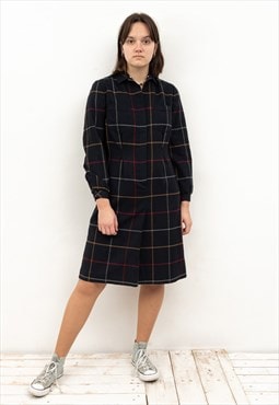 Midi Wool Dress Check Plaid Tartan Collared Shirt Skirt Navy