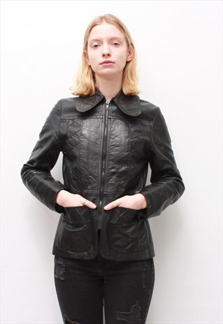 VINTAGE 60' BEAUTIFUL BLACK LEATHER JACKET WITH CUTE COLLAR